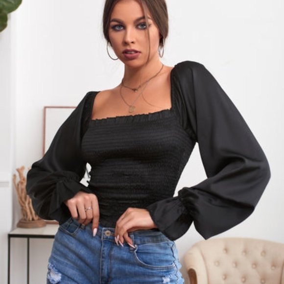 Square Collar Ruffled Long Sleeves Blouse - Picture 6 of 6